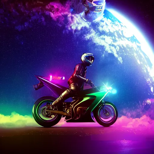 Prompt: high detail photo of a deserted iridescent yamaha motorcycle floating in space inside magic colorful glowing sparkling fog, circular planet behind it, starry sky, tranquil, desolate, atmospheric, hazy, autochrome, 8k, reflections, octane render, unreal engine 5