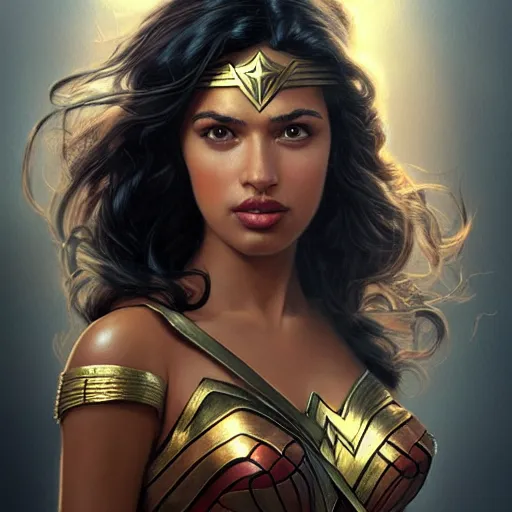 Image similar to full figure ultra realistic illustration, jameela jamil as wonder woman, intricate, elegant, highly detailed, digital painting, artstation, concept art, smooth, sharp focus, illustration, art by artgerm and greg rutkowski and alphonse mucha