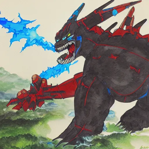 Image similar to voltron fighting Godzilla, watercolor painting