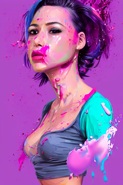 Image similar to a award winning half body portrait of a beautiful woman in a croptop and cargo pants with ombre purple pink teal hairstyle with head in motion and hair flying by artgerm, paint splashes, splatter, outrun, vaporware, shaded flat illustration, digital art, trending on artstation, highly detailed, fine detail, intricate