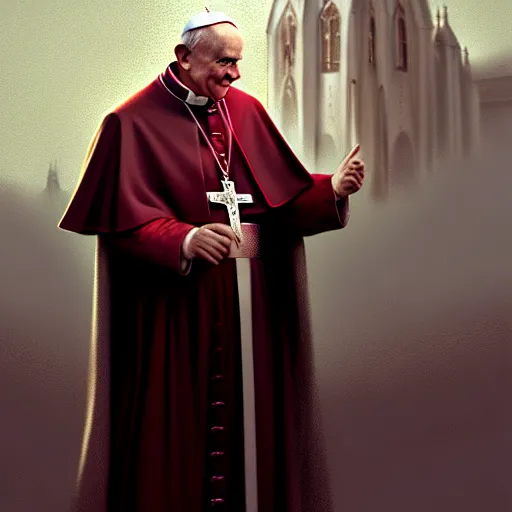 Image similar to pope john paul ii standing ina curch, digital painting, greg rutkowski, artstation, cinematic, matte painting