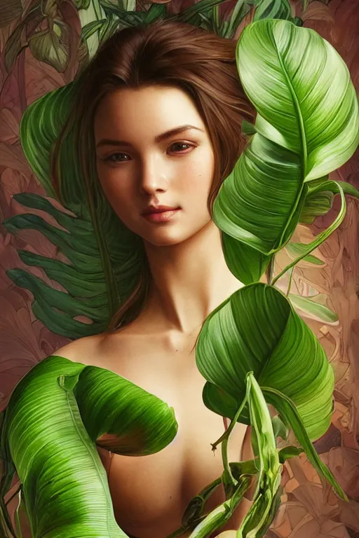 Image similar to ultra realistic illustration, cinema 4 d art, banana plants drawing, jade background, elegant, highly detailed, digital painting, concept art, intricate, anatomical correctly body, swirl, smooth, sharp focus, illustration, art by artgerm and greg rutkowski and alphonse mucha