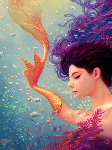 Prompt: harmony under water, colorful coral, black haired yoongi golden glimmering mermaid, muted colors, wlop, james jean, victo ngai, highly detailed, fantasy art by craig mullins, thomas kinkade