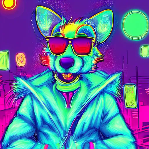Prompt: beautiful furry art portrait digital art, vibrant neon commission of a furry anthro rat fursona wearing punk clothes in a cyberpunk city.