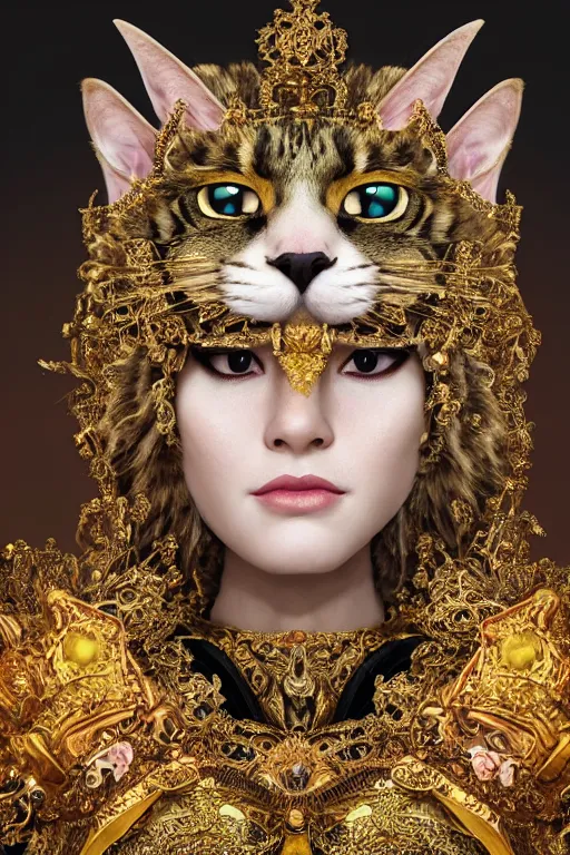 Image similar to a beautiful empress portrait, with a brilliant, impossible striking big Cat headpiece, clothes made of cats, everything cats, symmetrical, dramatic studio lighting, rococo, baroque, greens, asian, hyperrealism, closeup, D&D, fantasy, intricate, elegant, highly detailed, digital painting, artstation, octane render, 8k, concept art, matte, sharp focus, illustration, art by Artgerm and Greg Rutkowski and Alphonse Mucha