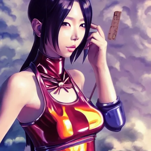 Image similar to a beautiful young japanese eimi fukada alluring instagram model in elaborate latex tank top, jrpg tank top made from latex demon faces, concept art by akira toriyama and wlop and ilya kuvshinov and artgerm. aesthetic, gorgeous, stunning, alluring, attractive, artstation, deviantart, pinterest, digital art