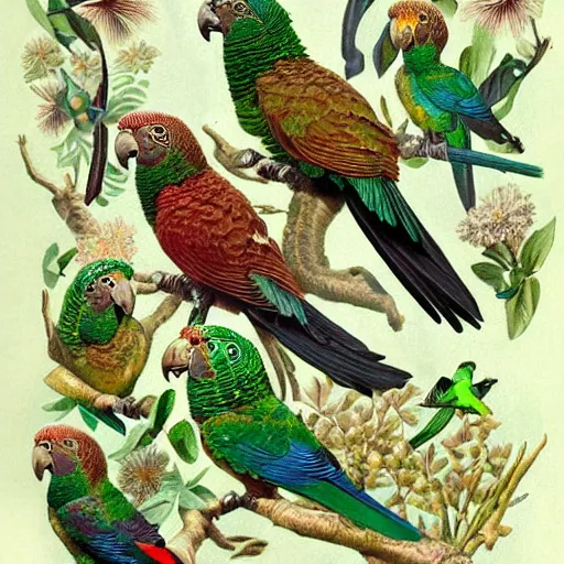 Prompt: beautiful elegant ernst haeckel!!!! illustration of many green cheek conures!!!!!! and flowers, ( green cheek conure ) ( green cheeked parakeet ) ( pyrrhura molinae )