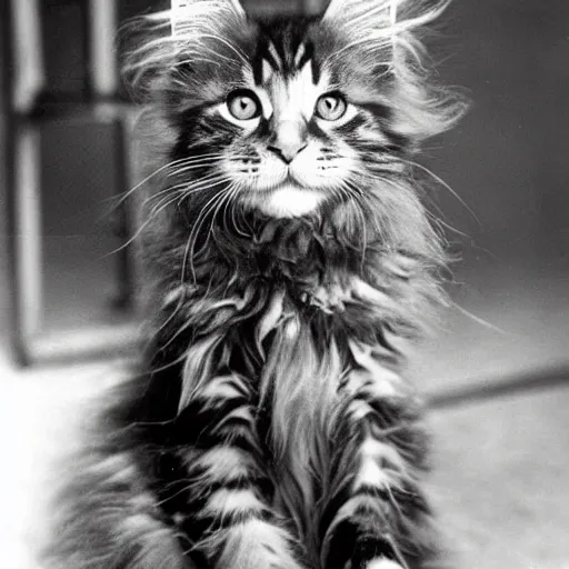 Image similar to close up of a maine coon kitten smoking a sigar, ww 2, black & white