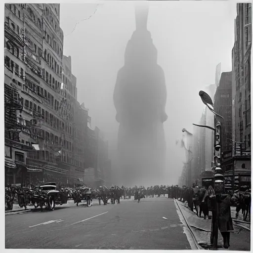 Image similar to old black and white photo, 1 9 1 3, depicting a giant alien kaiju monster rampaging through the bustling streets of new york city, historical record, volumetric fog