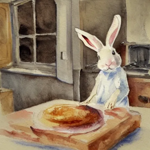 Prompt: a rabbit cooking in a french kitchen, watercolour realism