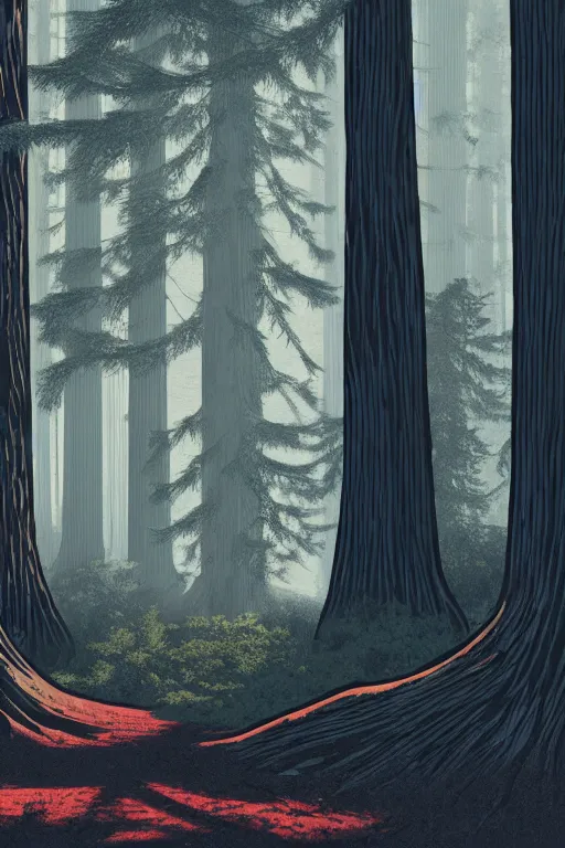 Image similar to a beautiful woodcut print of a redwood forest, 8 k, frostbite 3 engine, cryengine, dof, trending on artstation, digital art, crepuscular ray, art by roy l davies and tugboat printshop