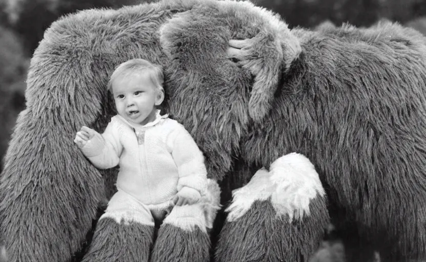 Image similar to Donald Trump in a baby mammoth costume , with an open face