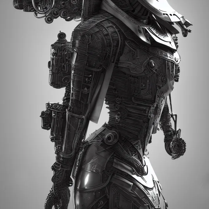 Image similar to a vertical portrait of a character in an spaceship by nihei tsutomu, black and white, dreamy, steampunk armor, highly detailed, 3 d render, vray, octane, realistic lighting