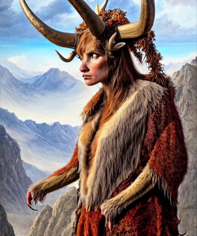 Image similar to a detailed horned antelopewoman stands among the mountains. wearing a ripped mantle, robe. perfect faces, extremely high details, realistic, fantasy art, solo, masterpiece, art by daniel e. greene, johannen voss, zoey frank, greg broadmore