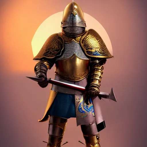 Image similar to a highly detailed knight in a T golden helmet and a golden crown with a blue diamond in the center, golden armor, leather clothes under the armor, leather gloves, holds a black sword, artstation, DeviantArt, professional, octane render, sunset lighting