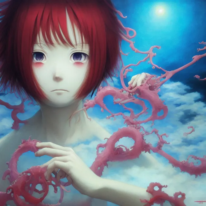 Image similar to Close up Mamimi Samejima Iwakura Lain, LSD Dream Emulator, paranoiascape ps1, official anime key media, Iwakura Lain, LSD Dream Emulator, paranoiascape ps1, official anime key media, painting by Vladimir Volegov, beksinski and dan mumford, giygas, technological rings, johfra bosschart