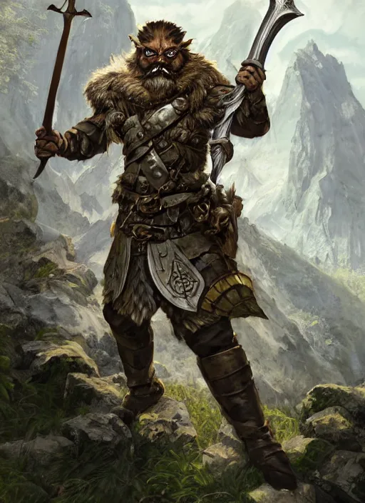 Image similar to strong young man, photorealistic bugbear ranger holding aflaming sword, black beard, dungeons and dragons, pathfinder, roleplaying game art, hunters gear, jeweled ornate leather and steel armour, concept art, character design on white background, by alan lee, norman rockwell, makoto shinkai, kim jung giu, poster art, game art