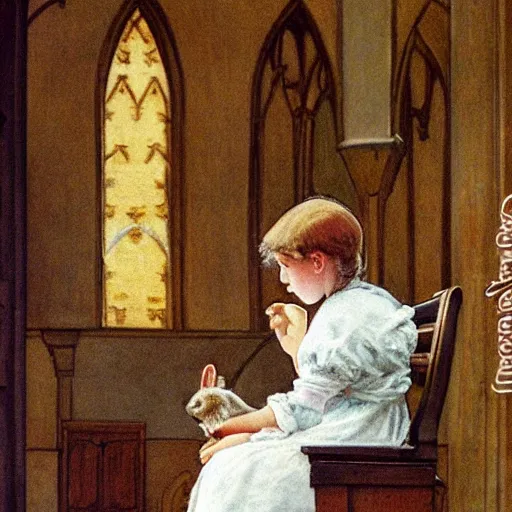 Image similar to a young edwardian woman playing chess against a rabbit inside a church in the style of Carl Larsson