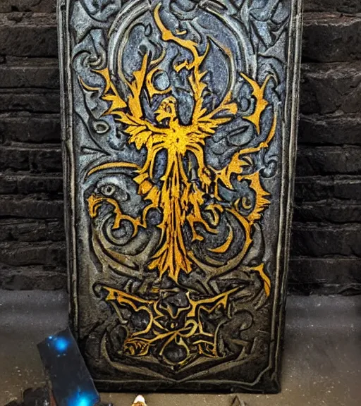 Prompt: raven standing on a large tombstone relic with glowing sigils on it, midnight death fog colors!