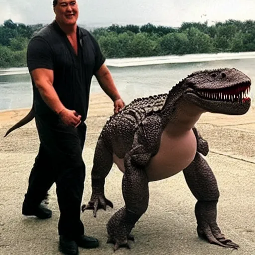 Image similar to A dinosaur riding on Steven Seagal