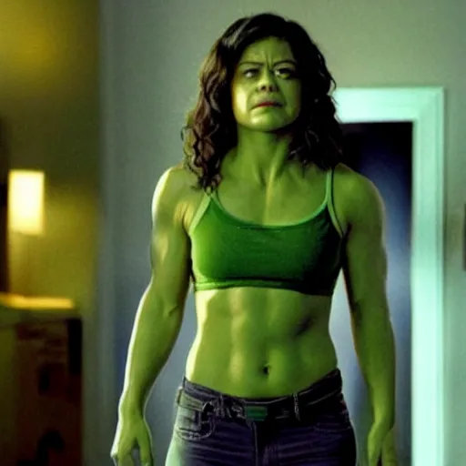 Prompt: a still of!!! tatiana maslany as she! hulk