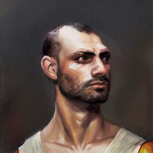 Image similar to a stunning and noble highly detailed portrait of a syrian warrior by josep tapiro baro and edward hopper, trending on artstation, oil painting masterpiece, symmetry, mysterious, very very very aesthetic