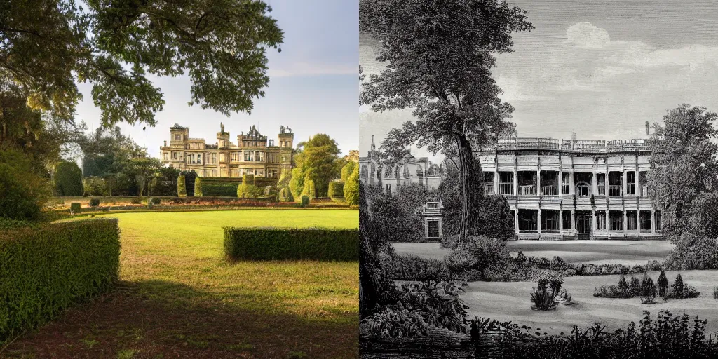 Prompt: landscape photograph of a large victorian palace with gardens. Detailed