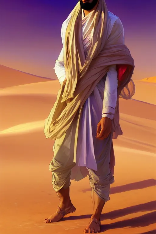 Image similar to full figure beautiful young fit arabic man, dressed with multicolored fluent clothes, luminous scene, by greg rutkowski and alphonse mucha, d & d character, gradient white to gold, in front of a dune desert background, highly detailed portrait, digital painting, artstation, concept art, smooth, sharp focus illustration, artstation hq