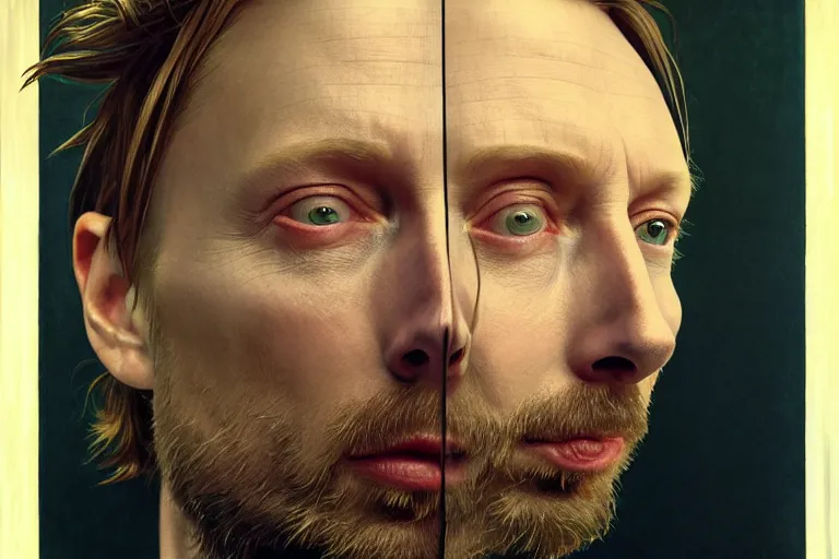 Image similar to hyper realistic portrait of thom yorke tilda swildon, bigger forehead, bigger chin, from the side, by lee bermejo, alphonse mucha and greg rutkowski