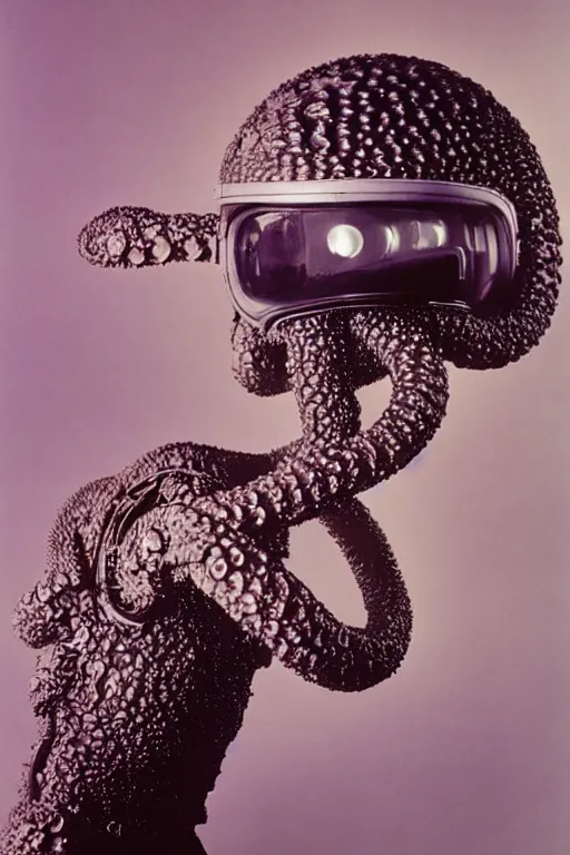 Image similar to extremely detailed studio portrait of space astronaut, alien tentacle protruding from eyes and mouth, slimy tentacle breaking through helmet visor, shattered visor, full body, soft light, plain studio background, disturbing, shocking realization, award winning photo by richard avedon