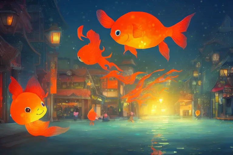 Prompt: fantasy art of glowing goldfish swimming in the air, in the streets of a japanese town at night, with people watching in wonder, in the style of ponyo, highly detailed digital art, trending on artstation