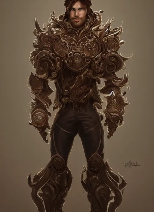 Prompt: a highly detailed illustration of thick wavy brown haired young white guy wearing brown coat and face mask, black mechanical arms on his back, dramatic standing pose, intricate, elegant, highly detailed, centered, digital painting, artstation, concept art, smooth, sharp focus, league of legends concept art, WLOP