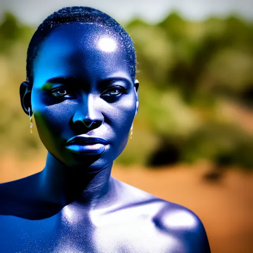 Image similar to portrait of metallic face, african woman, proud looking away, liquid metal, mercury, outdoor, blue sky, nature, 8 k, realistic, depth of field, highly detailed, award winning photography,