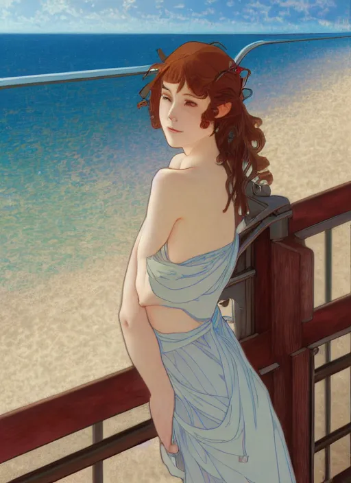 Image similar to pretty young woman leaning against the railing at the beach, path traced, highly detailed, high quality, digital painting, by studio ghibli and alphonse mucha, leesha hannigan, makoto shinkai, disney