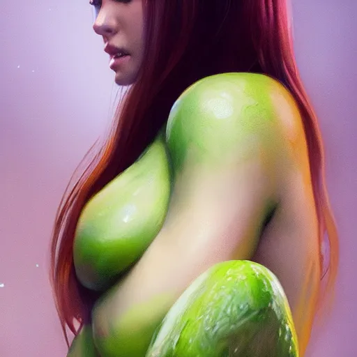 Prompt: lauren walsh lovingly cradling an avacado, fullbody, ultra high detailed, oil painting, greg rutkowski, charlie bowater, yuumei, yanjun cheng, lauren walsh, unreal 5, daz, hyperrealistic, octane render, rpg portrait, dynamic lighting, fantasy art, beautiful face