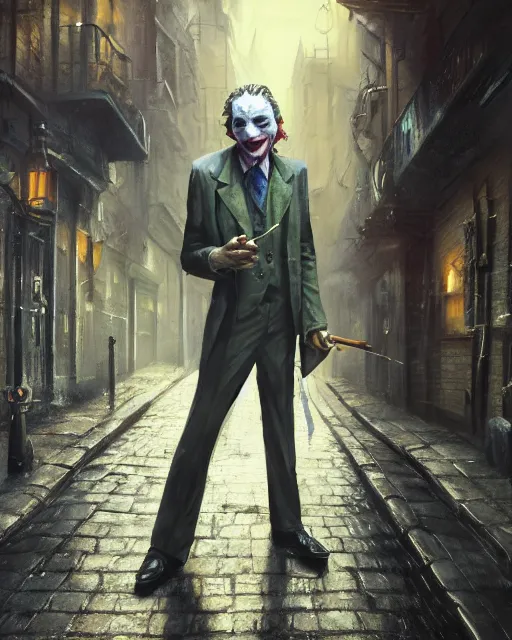 Image similar to oil painting of the joker holding a smoking pipe, detective clothes, close shot, full body, dark london alley background, sharp focus, fantasy style, octane render, volumetric lighting, 8k high definition, by greg rutkowski, highly detailed, trending on art Station, dungeons and dragons artwork, centered