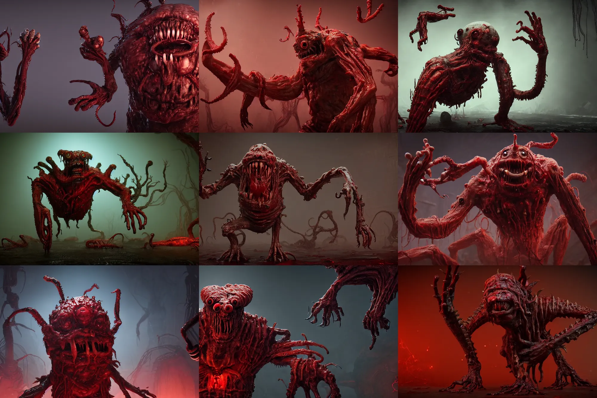 Prompt: bloody monster with many arms and legs, flesh, tall, cinematic lighting, cosmic horror, grotesque, octane render, unreal engine, highly detailed, inspired by guillermo del toro, david cronenberg, shabab alizadeh, maximus jacobs