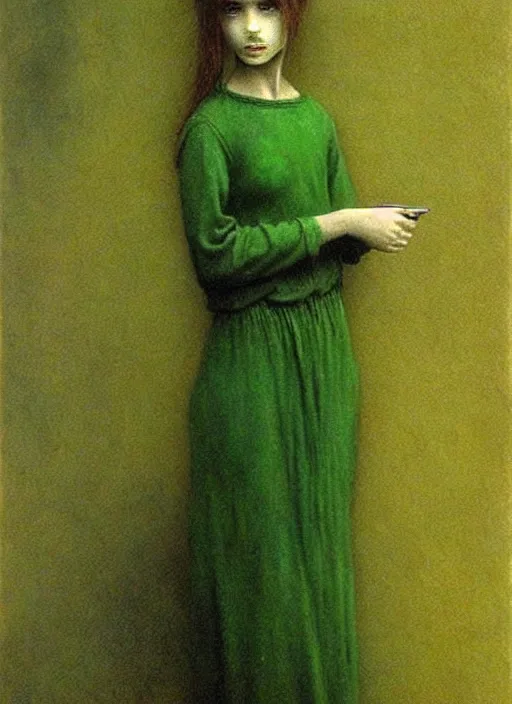 Image similar to young tavern maid in green dress by Beksinski and Luis Royo