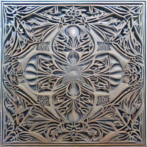 Prompt: fractals, maze, thin lines, ernst haeckel, carved soapstone relief paneling white and pale blue