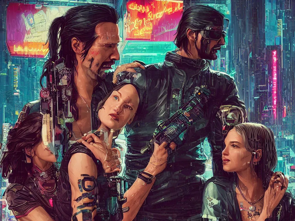 Prompt: a cyberpunk 2077 couple portrait of Keanu Reeves as Johnny Silver hand and female V in daily life ,love story, pray, hug, hold, kiss, film lighting, by Laurie Greasley, William Morris, Dan Mumford, John Wick, Speed, Replicas, Destination Wedding, The Lake House, artstation, full of color, Digital painting, face enhance, highly detailed,8K, octane, golden ratio, cinematic lighting