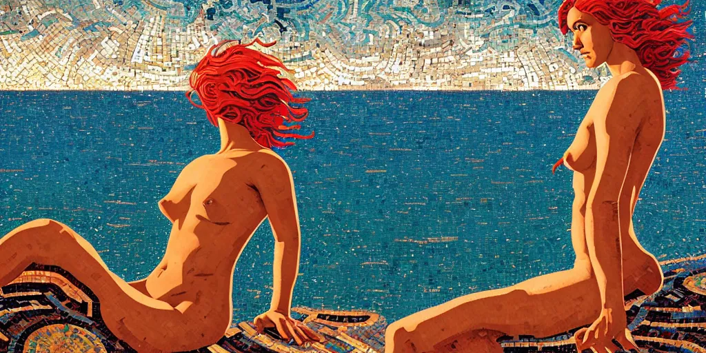 Prompt: ancient roman mosaic of bluehead mermaid on sea horizon, low ceiling, illustration by moebius, rhads, syd mead, dan mumford, clean thick line, comics style