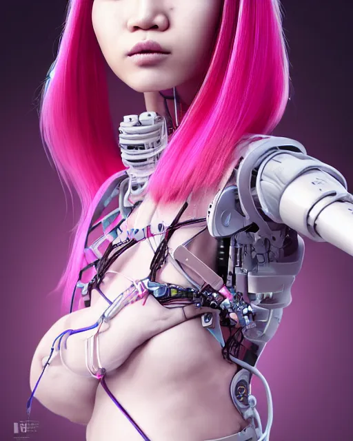 Image similar to portrait of a beautiful asian woman with pink hair as a cyberpunk cyborg half robot, skin open to reveal wires and electronics, sci - fi, missing panels, intricate abstract upper body intricate artwork, concept art, octane render, deviantart, cinematic, key art, hyperrealism, iridescent accents, portrait photograph, nikon 3 5 mm, photograph by greg rutkowski