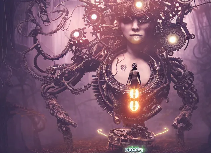 Image similar to intricate mechanical fairy with visible gears having tea with a cyborg gorgon medusa in a magical forest, having tea with a giant minotaur. Very detailed 8k. Fantasy cyberpunk horror. Sharp. Cinematic post-processing