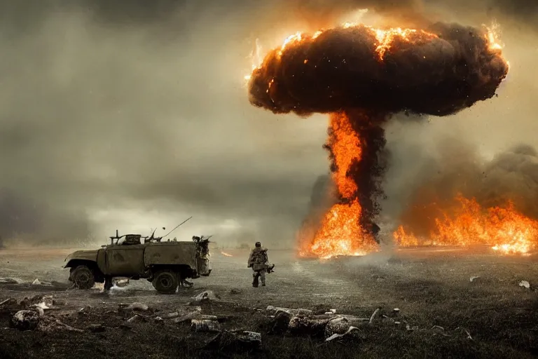 Image similar to desolate battleground, multiple soldiers on the ground!, thick dark smoke!, vehicles on fire, heavy rain from thick clouds, storm, (mushroom cloud) in the background, bleak, melancholy atmosphere, band of brothers, 4k artwork by Gregory Crewdson and Grzegorz Domaradzki and Ivan Shishkin and Jakub Rozalski