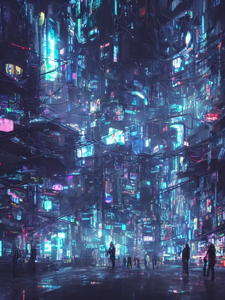 Prompt: futuristic cyberpunk street, cable stone ground. lots hanging cables, tiny wires on the ground. narrow, garbage on the ground. rain. fog, haze, evening. led screens. neon signs. ghost in the shell. very sharp. cables on the ground. very messy. futuristic. photorealistic. artstation. anime. studio gimbli style. golden rate.