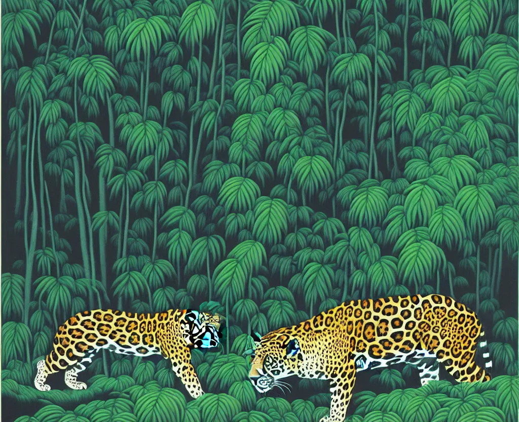 Image similar to a painting of a jaguar in a dark misty jungle. Painted by Hiroshi Nagai. Aesthetics of Hiroshi Nagai