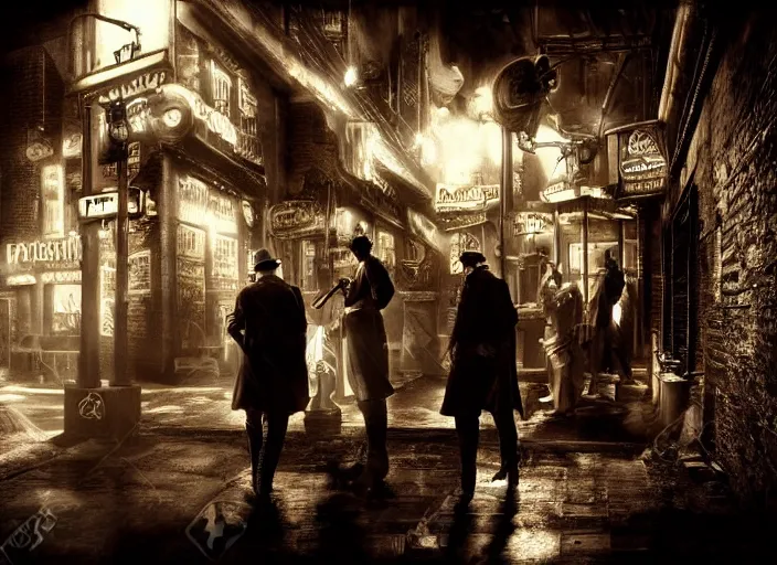 Image similar to people arguing in a film noir steampunk alley, psychedelic, fine texture, detailed, dramatic lighting, dark, neon