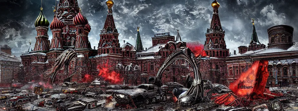 Prompt: alien predator attacks moscow red square. extreme long shot. post-apocalyptic art. high detail