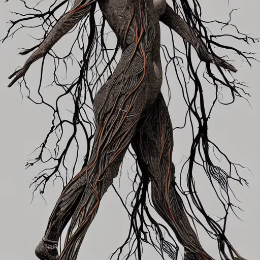 Image similar to digital art, Abstract art, humain female body made of roots, intricate roots, trending on artstation, -640