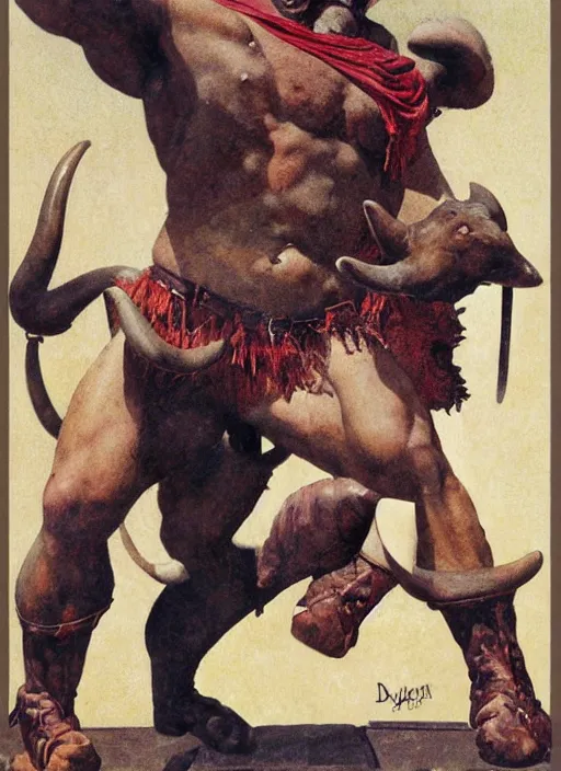 Image similar to full body portrait of dorian yates with the head of a bull as the greek minotaur, dynamic action, by norman rockwell and jesper ejsing and tom lovell and frank schoonover